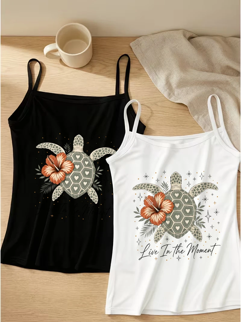 Sea Turtle with Hibiscus Flower Camisole Women Summer Live in The Moment Text Tank Top Casual Sleeveless Vest for Beach Holiday