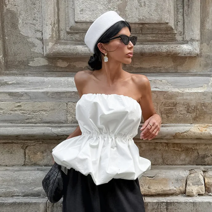 Elegant White Tube Top Women Strapless Puffy Bubble Blouse Sexy Ruched Waist Summer Sleeveless Shirt Chic French Style Tops 2026