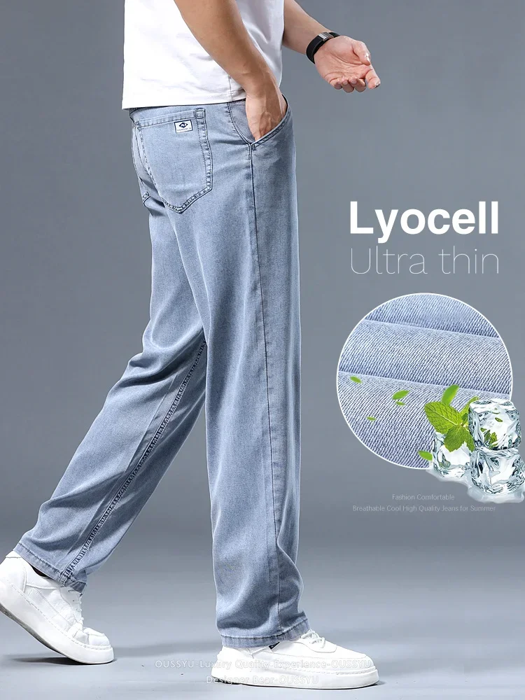 

Summer Lyocell Ultra-thin Jeans Men Breathable Elastic Casual Trousers Man Business Baggy Straight Denim Pants Plus Size 40 42