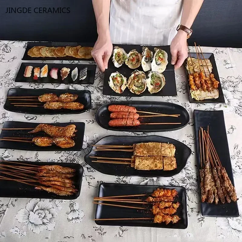 1Pc Black Rectangular Barbecue Plate Melamine Tableware Commercial Hot Pot Vegetable Plate Japanese Barbecue Plastic Plate