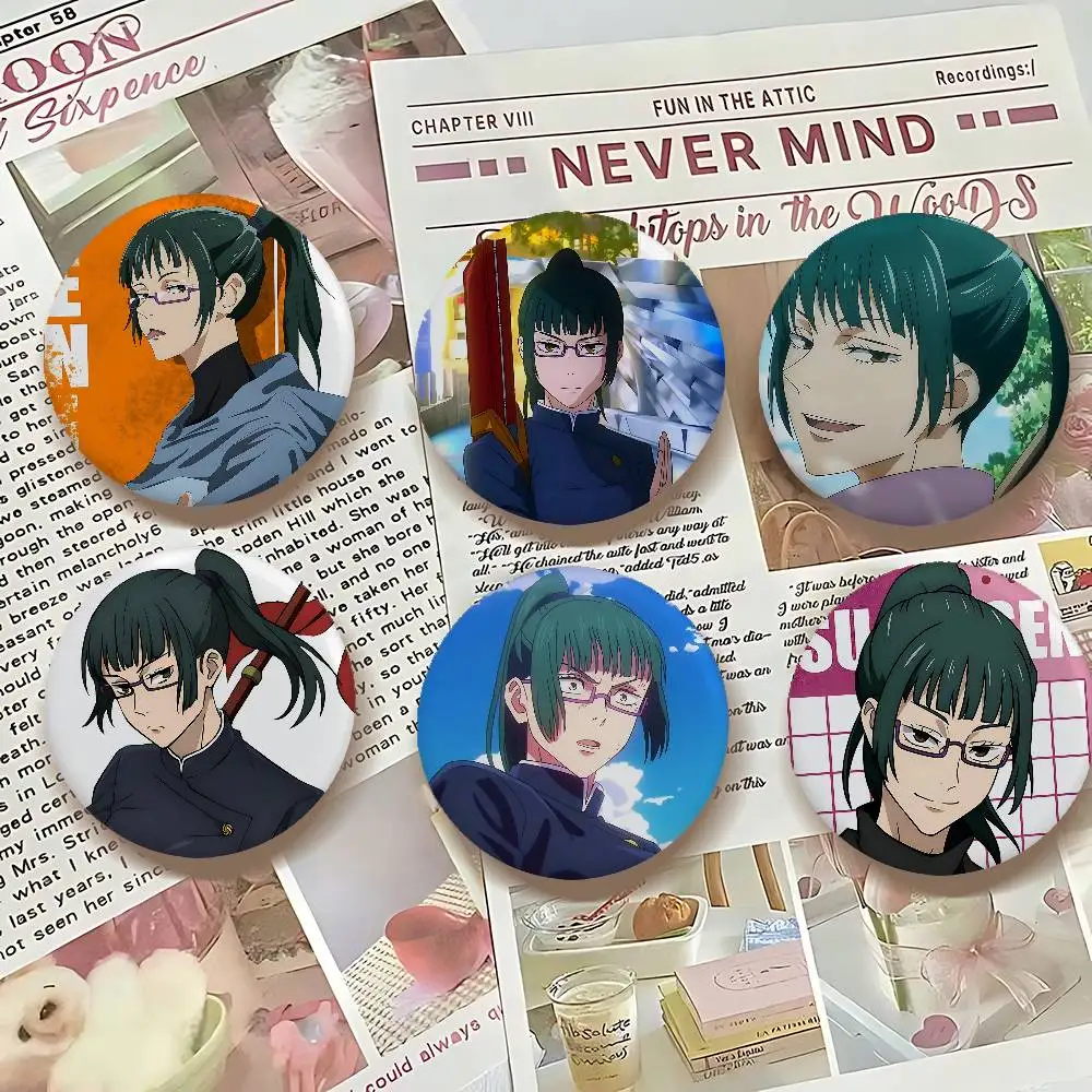Alfileres de solapa redondos de hojalata Premium de Anime Maki Zenin: lindos broches de insignia para accesorios de bolso de hombro, regalos de recuerdo