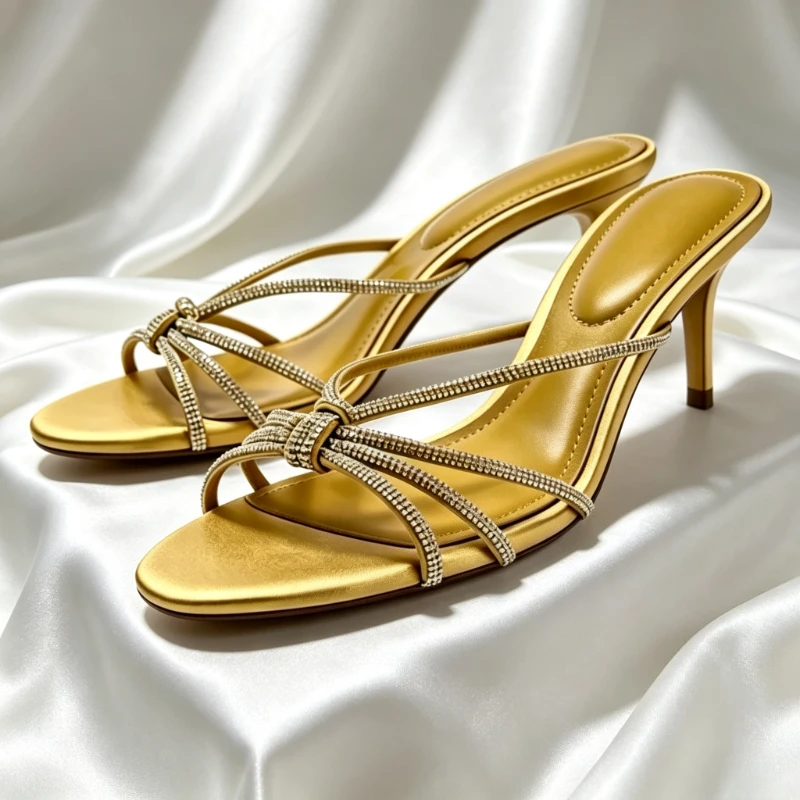 Fashion Rhinestone Detail Stiletto Slippers Women Summer Elegant Cross Tied Sandals High Quality Luxury Designer Heels Ladies