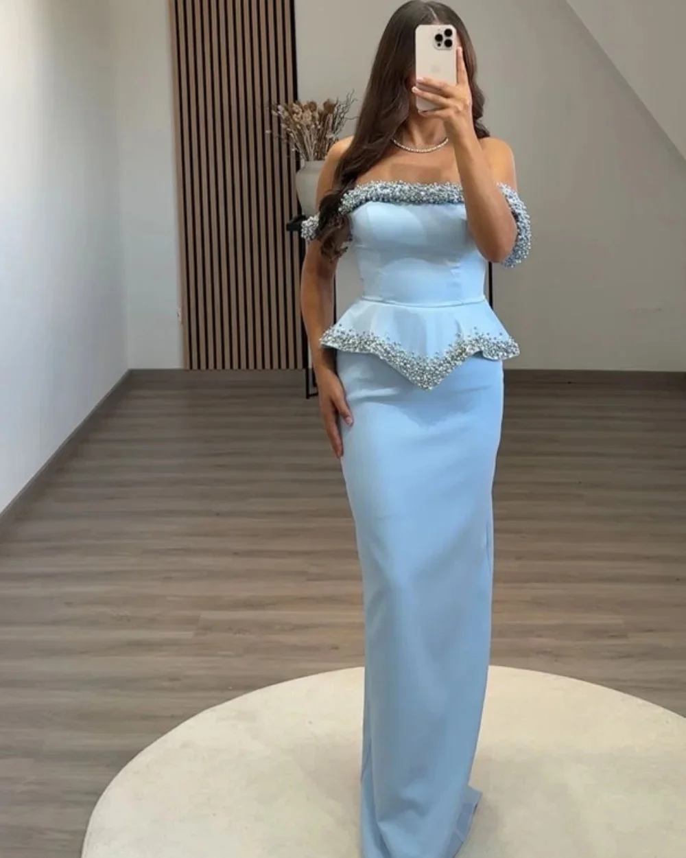 

Customized Modern Style Fashion Jersey Beading Column Off-the-shoulder Long Dresses Bespoke Occasion Dresses Sizes Available