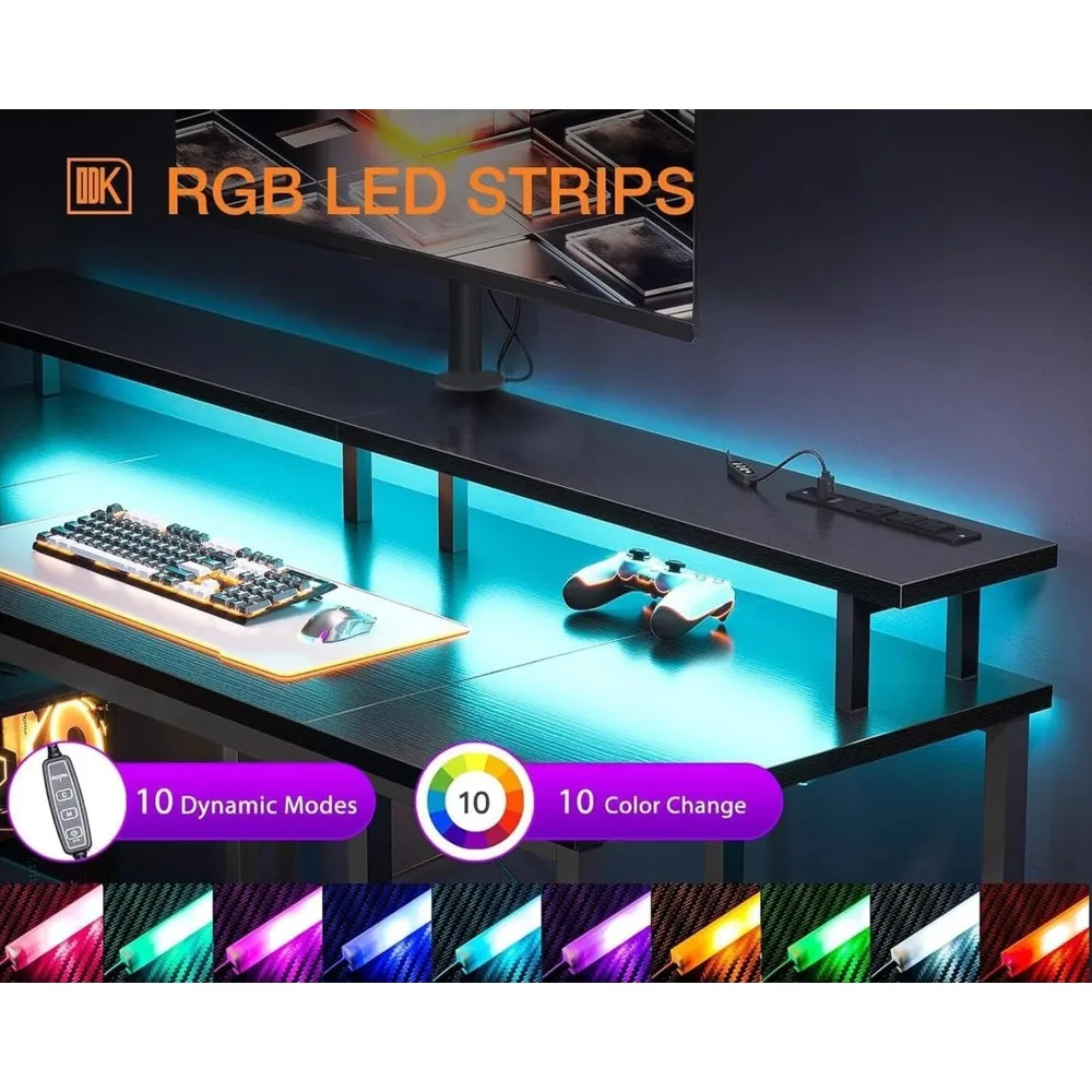 Inch Gaming Desk with LED Lights & Power Outlets, Computer Desk with Monitor Stand & Storage Shelves, CPU Stand,Home Office Desk