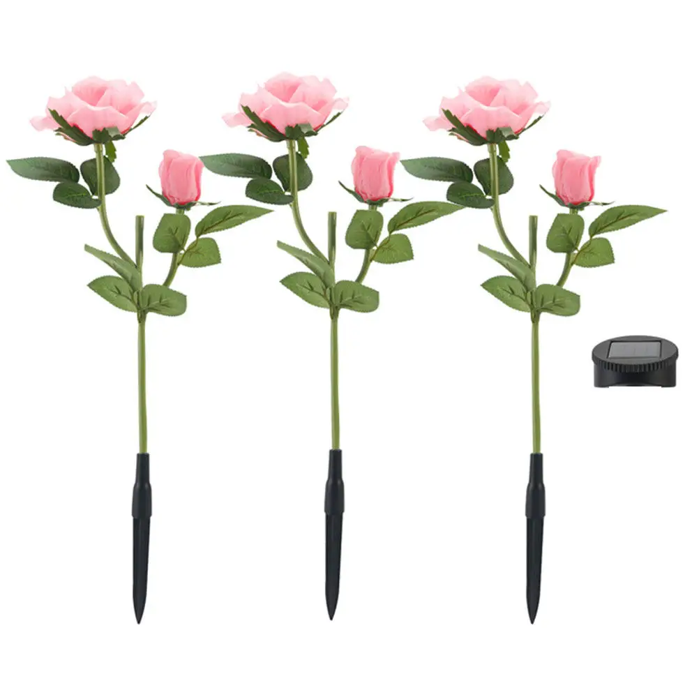 3 in 1 Solar Powered Rose Lamp 6 LED Realistic Flower Lights Garden Pathway Yard Patio Decor Waterproof Landscape Light Pink