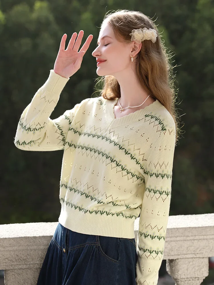 I BELIEVE YOU albicocca con scollo a v maglioni lavorati a maglia cava per le donne camicia con fondo interno 2024 primavera nuovo Pullover Chic top