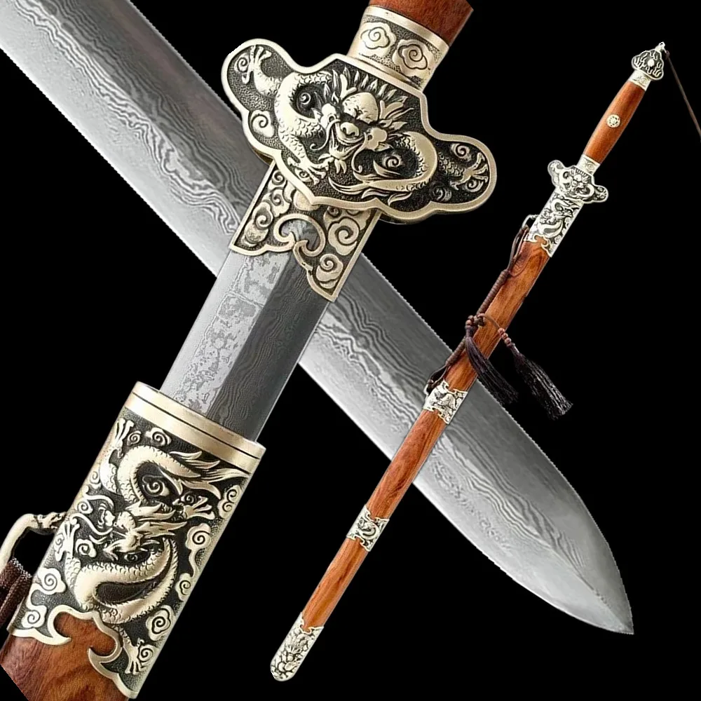 

High Quality Chinese Double Edged Sword Handmade Folded Damascus Steel Blade Dragon&phoenix Jian Full Tang