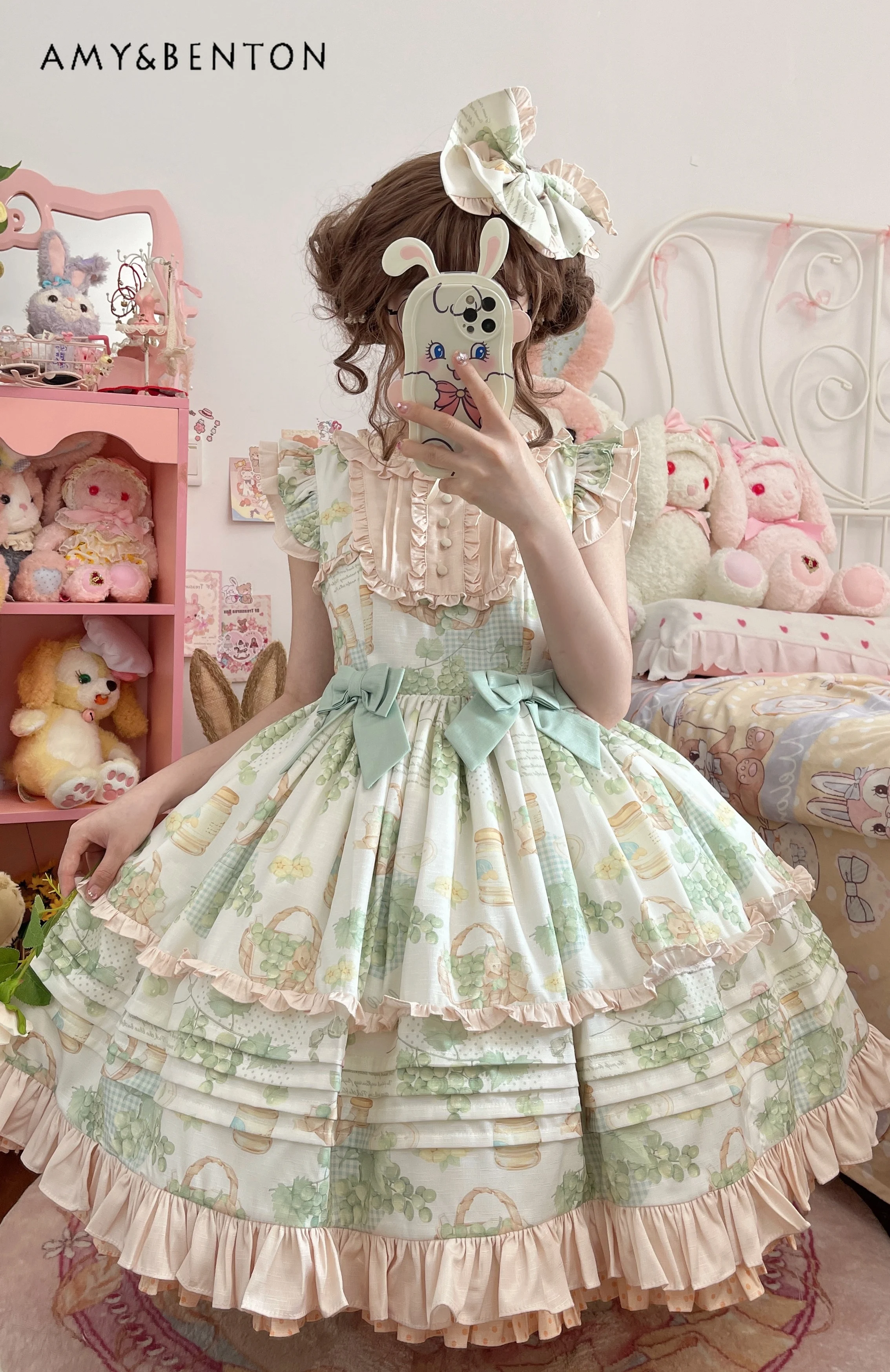 Pastoral Lolita Dress for Women Daily Summer Sweet Cartoon Print Bow Ruffle Edge Sleeveless Ball Gown Dresses Kawaii Mini Dress