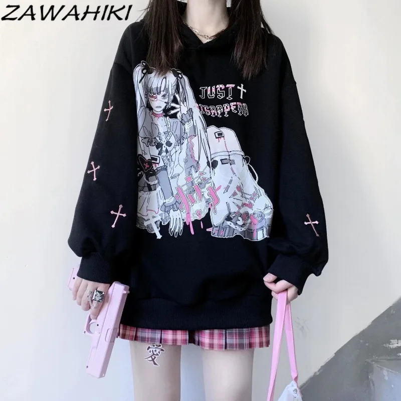 Japanese Hoodies Women Kawaii Cartoon Print Embroidery Pullovers Solid Color Loose Top Female Preppy Harajuku Fashion Ropa Mujer