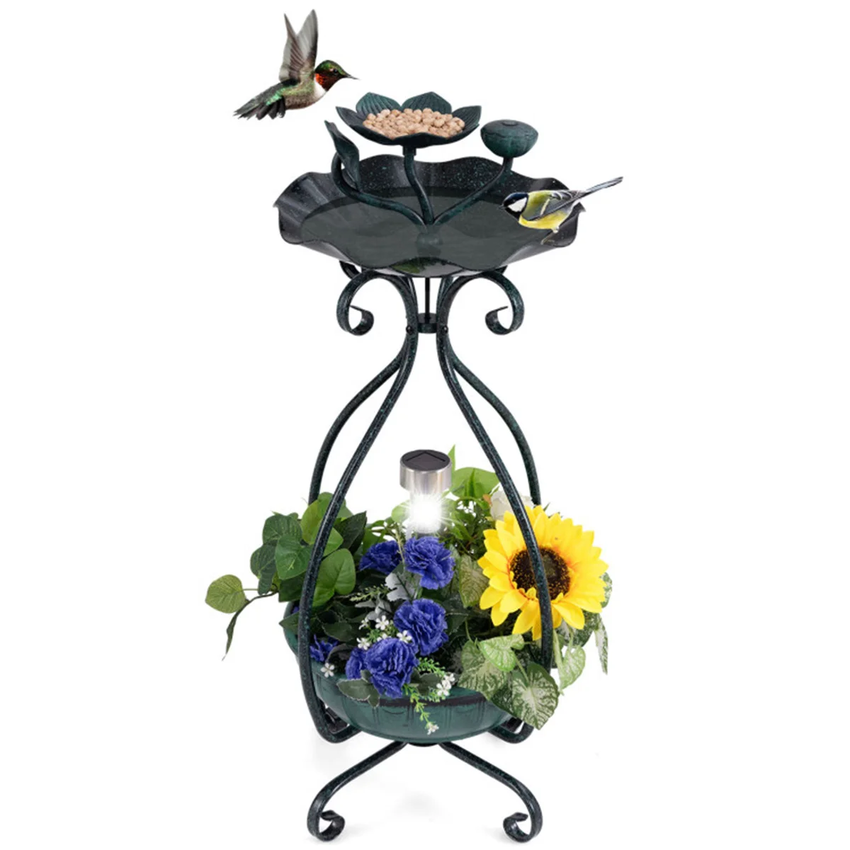 

Dark Green Solar Bird Bath-Feeder Combo: Equipped with Flower Planter Pedestal & Solar Lights