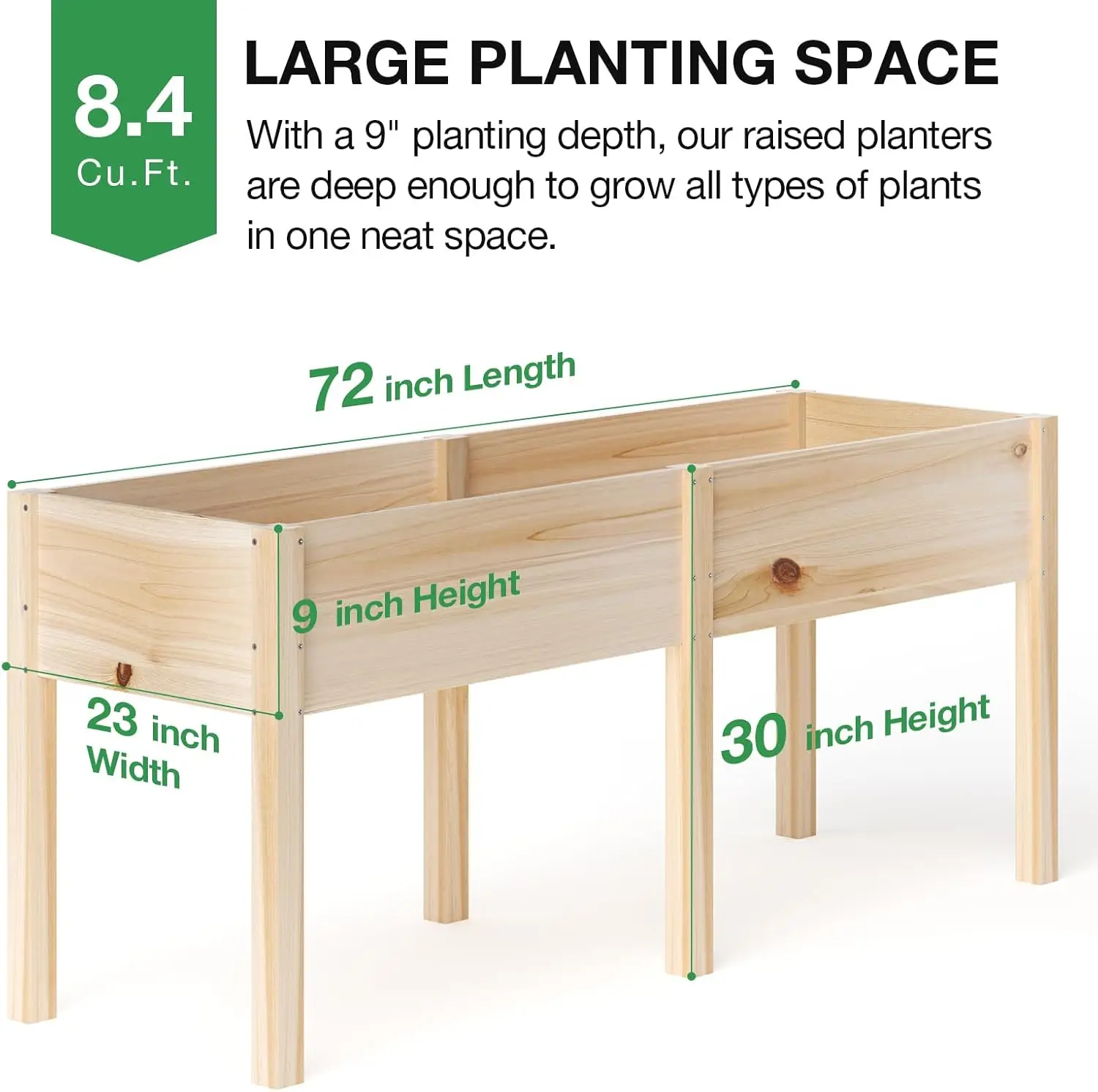 72”L X 23”W Raised Garden Bed Outdoors with Legs, Elevated Reinforced Wooden Large Planter Box for Backyard, Patio, Balcony w/Divider Panel, 6 Legs, 300lb Capacity