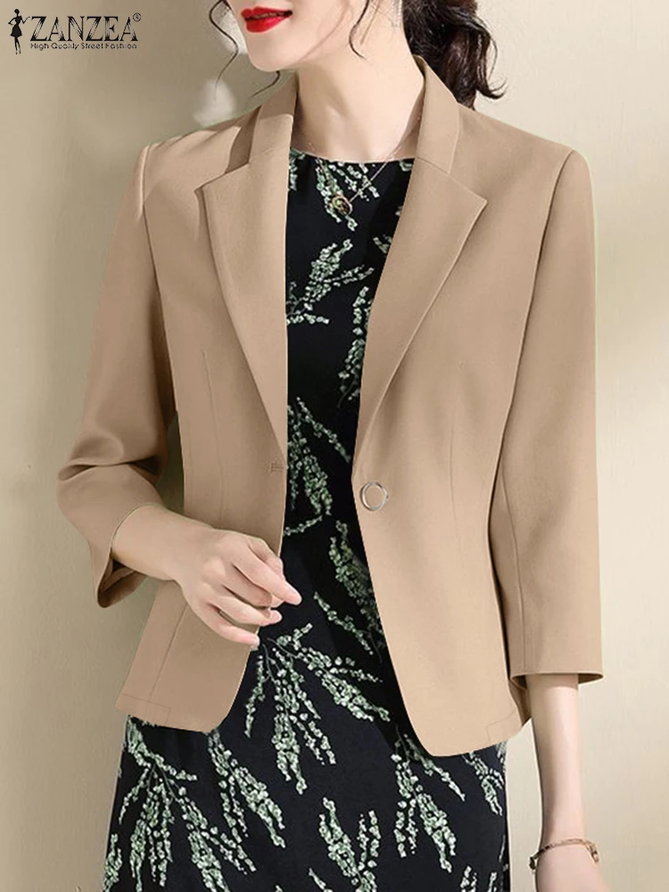 Autumn Lapel Neck 3/4 Sleeve Women Blazer Solid Thin Slim Fit Coats Outwears ZANZEA Summer Stylish Casual OL Work Blazer Tops