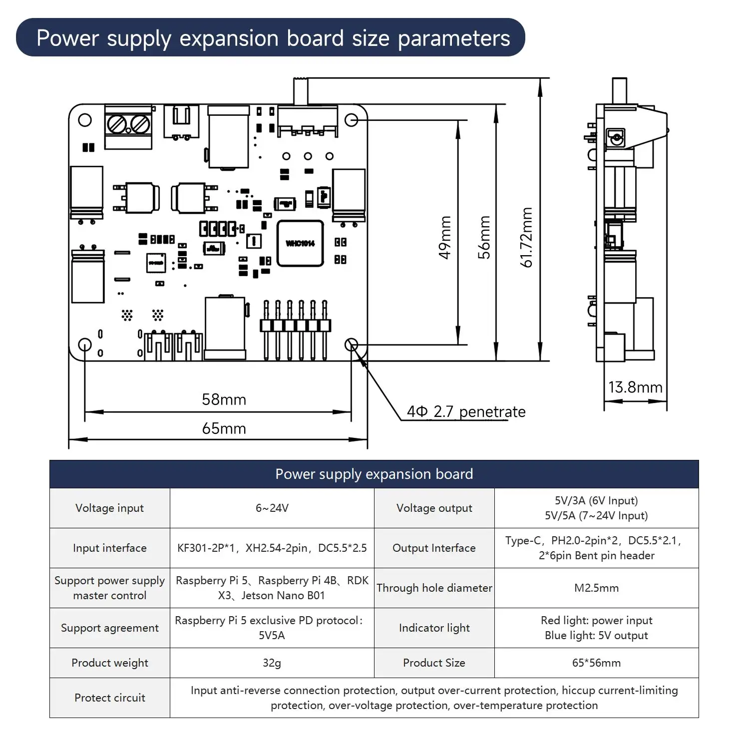 Raspberry Pi 5 Power Supply Expansion Board Support 6-24V Input And 5V/5A Output For Jetson NANO STM32 Breakout Board For RPi 5