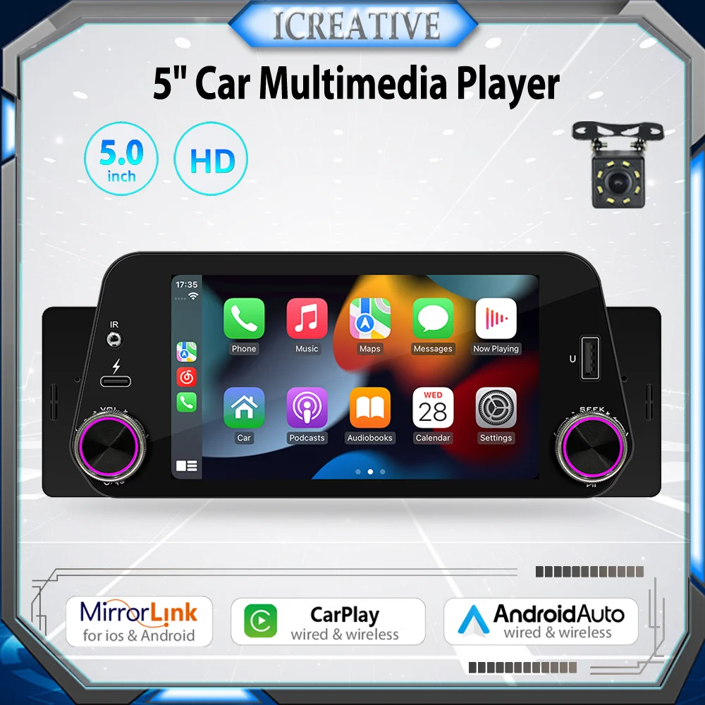 1Din Car Radio Multimedia Player Carplay&Android Auto Display Navigation Mirrorlink 5inch Touch Screen Reversing Input Supported