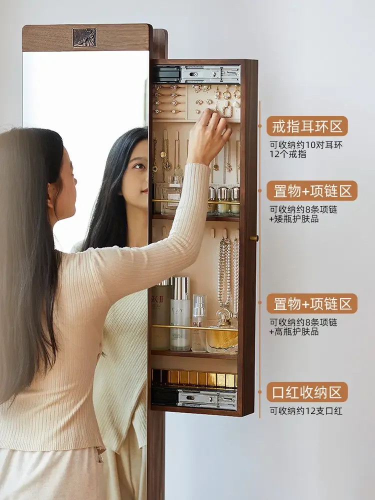 

Solid wood movable dressing mirror full body floor coat rack three-dimensional hanger home bedroom clothes storage rack