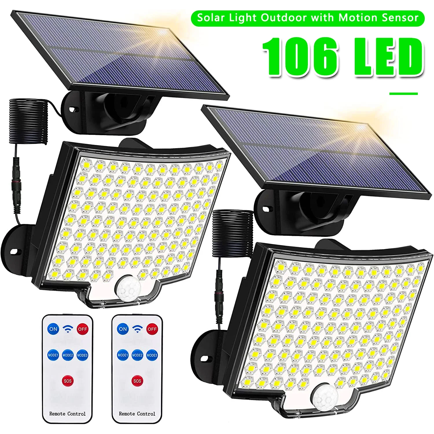 106LED Solar Light Outdoor Waterproof with Motion Sensor Floodlight Remote Control 3 Modes for Patio Garage Backyard