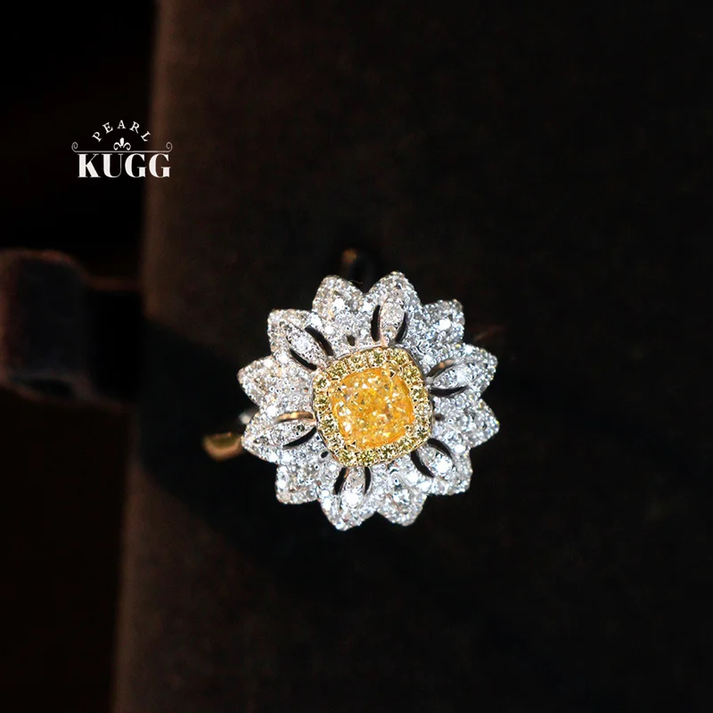 

KUGG 100% кольца из белого золота 18 карат романтическая форма цветка настоящий натуральный желтый бриллиант обручальное кольцо для женщин высокие свадебные украшения
