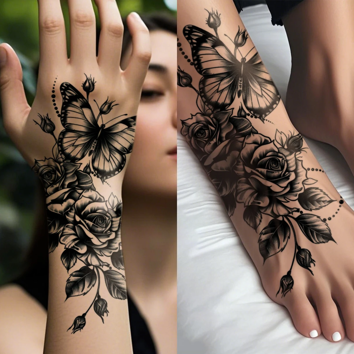 4 stücke Wasserdicht Temporäre Tattoo Aufkleber Schwarz Schmetterling Uhr Rose Lilie Pfingstrose Blume Körper Kunst Arm Gefälschte Tattoos Sleev Frauen männer