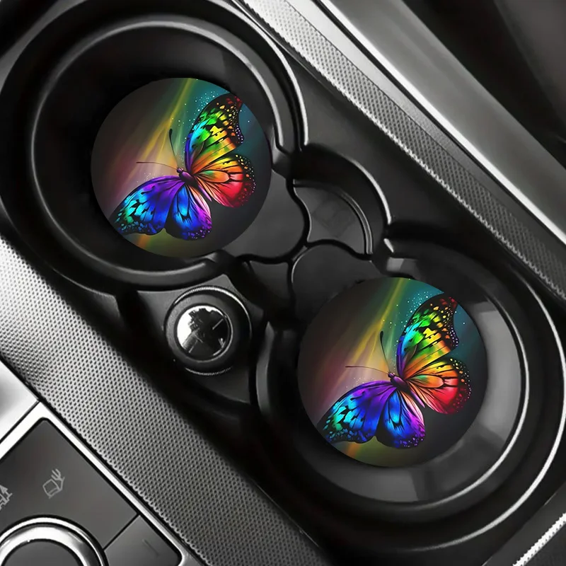 2pcs/set Vibrant Colorful Butterfly Car Coasters, 2.75