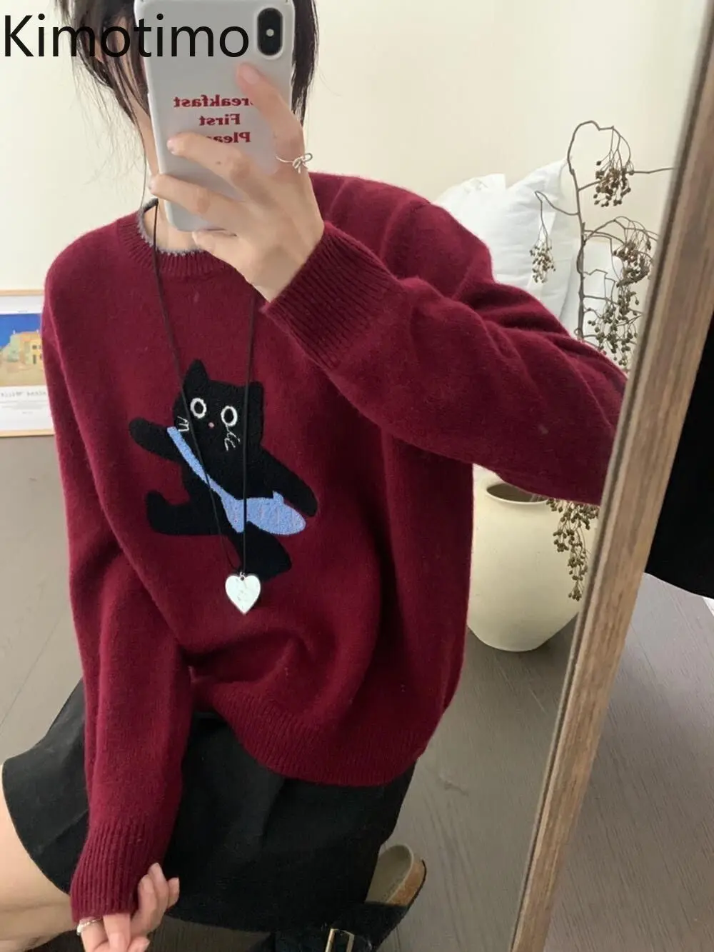 

Kimotimo, милый жаккардовый свитер с рисунком кота, женский 2022, осень-зима, свободные вязаные топы с круглым вырезом, модные универсальные ленивые пуловеры