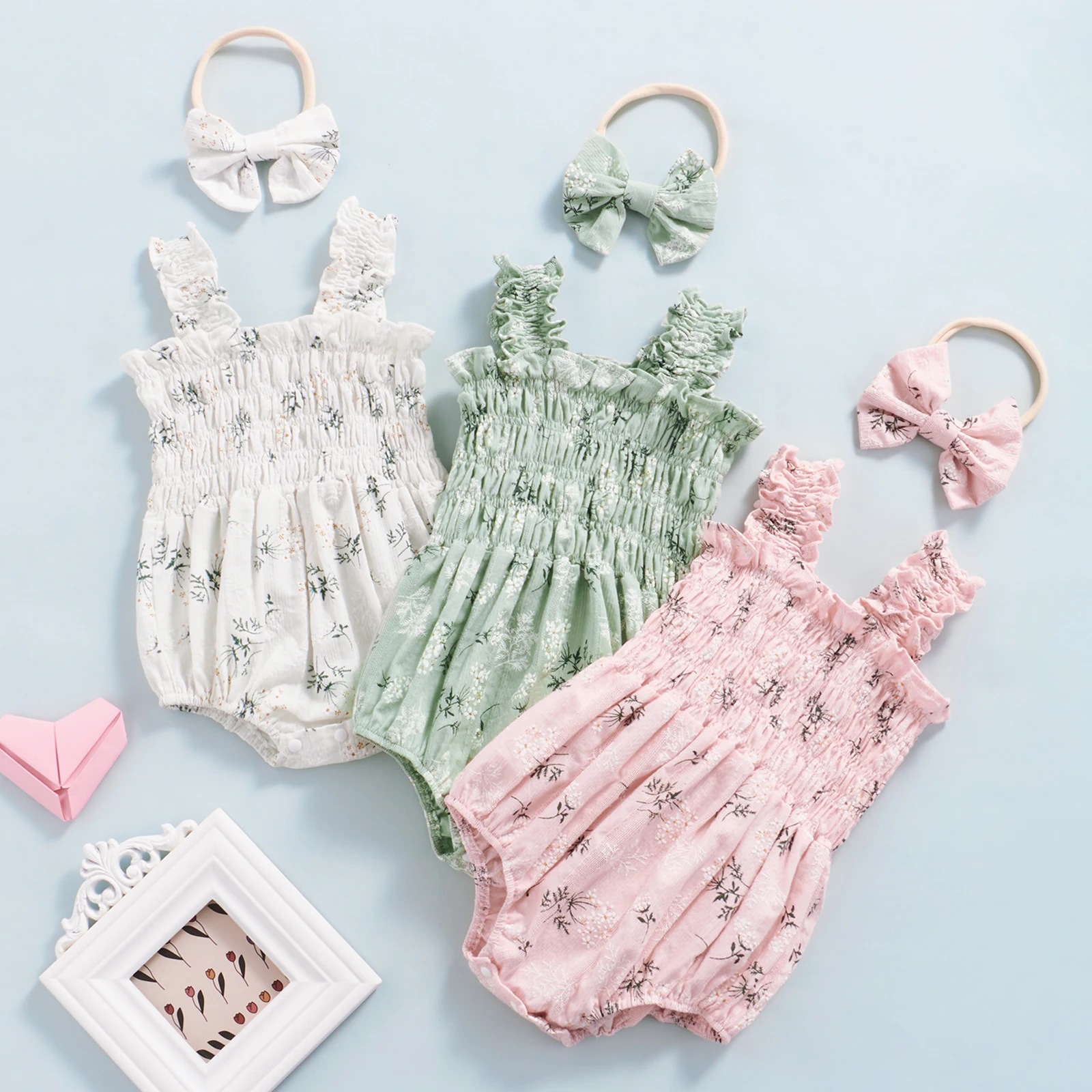 

Infant Baby Girl's Sleeveless Jumpsuit Floral Print Elastic Bust Shoulder Straps Romper Bow Headband Summer Clothing