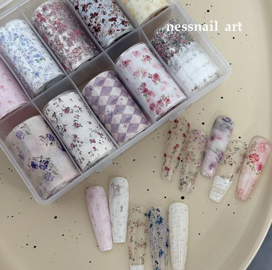 10Rolls Flower Lace Plaid  Bow  Nail Foils Transfer Paper  Nail Art Stickers  Manicure Set Decal  Nails Decoration