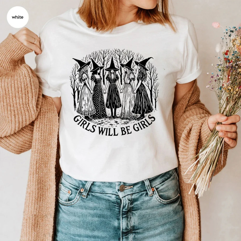 Halloween Girls Will Be Girls Witch Shirt Funny Witch Shirts Girl Power Halloween Women Vintage Clothes Witchy Vibes Tee Tops