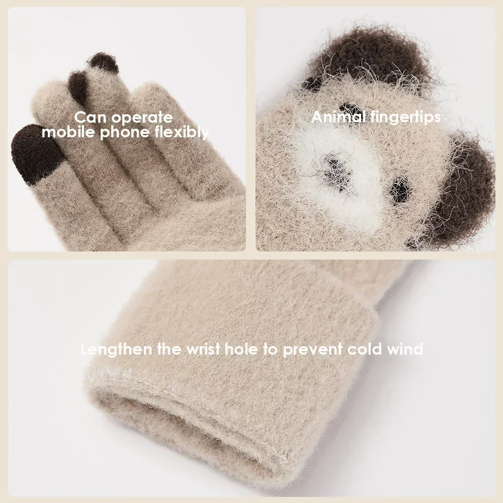 OhSunny Winter Warm Gloves Autumn Full Finger Mittens Outdoor Windproof Touch Screen Driving Cycling Cute Panda Glove