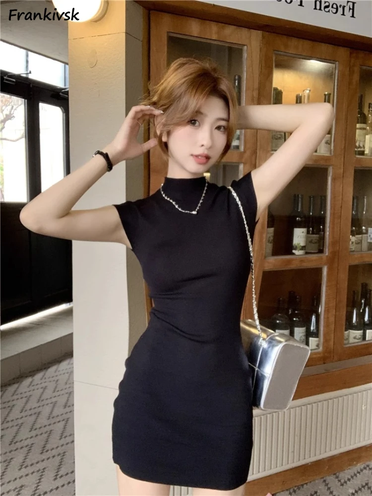 Women Dresses Sleeveless Solid Graceful Office Slim Noble Summer Mature Turtleneck Soft Abdomen American Style Formal Streetwear