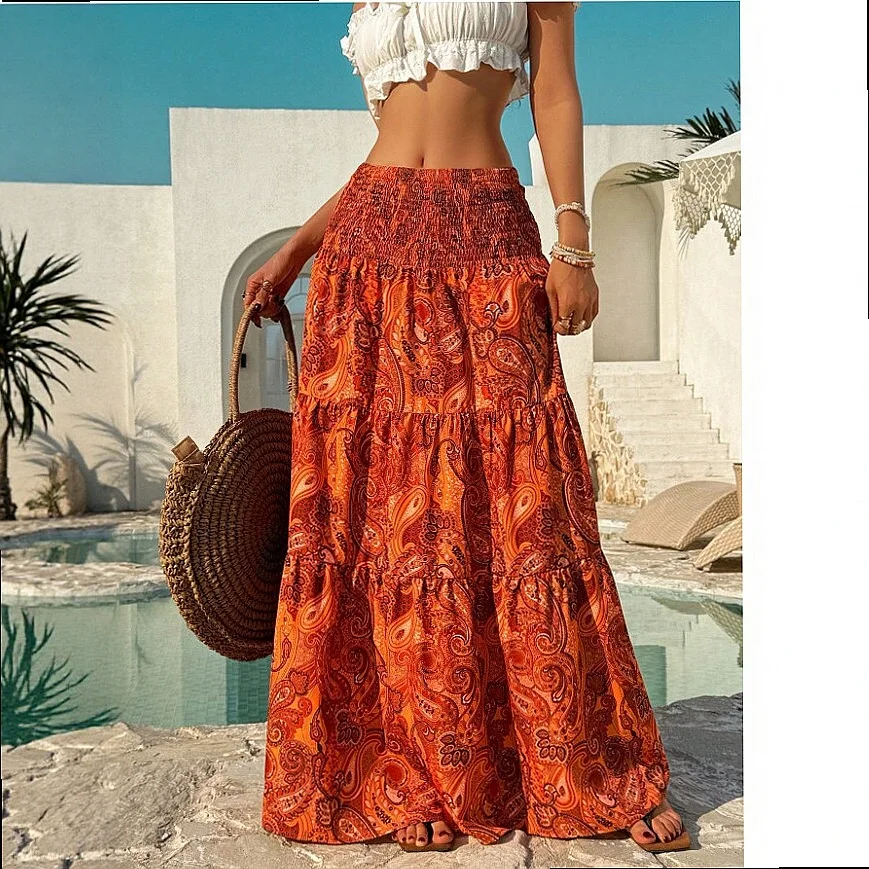 Bohemian Print High Waist Maxi Skirt A Line Layered Flowy Skirts Summer Beach Vacation