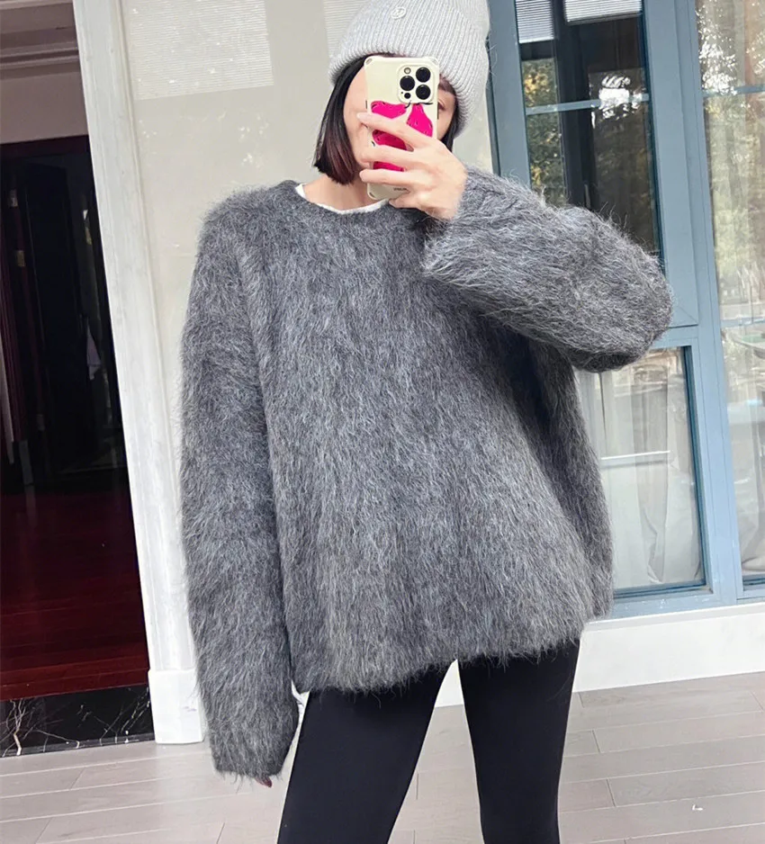 Oversize New Autumn Winter Soft Mohair Sweater Chic Fashion Women O Neck Thick Warm Mink Cashmere Knitted Loose Casual Pullovers