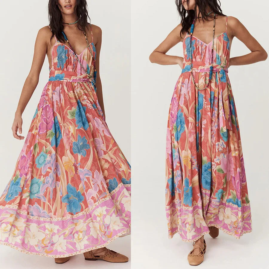 European and American Summer New Luxury Comfort Positioning Printed Strap Dress Loose Leisure Holiday Dress for Women