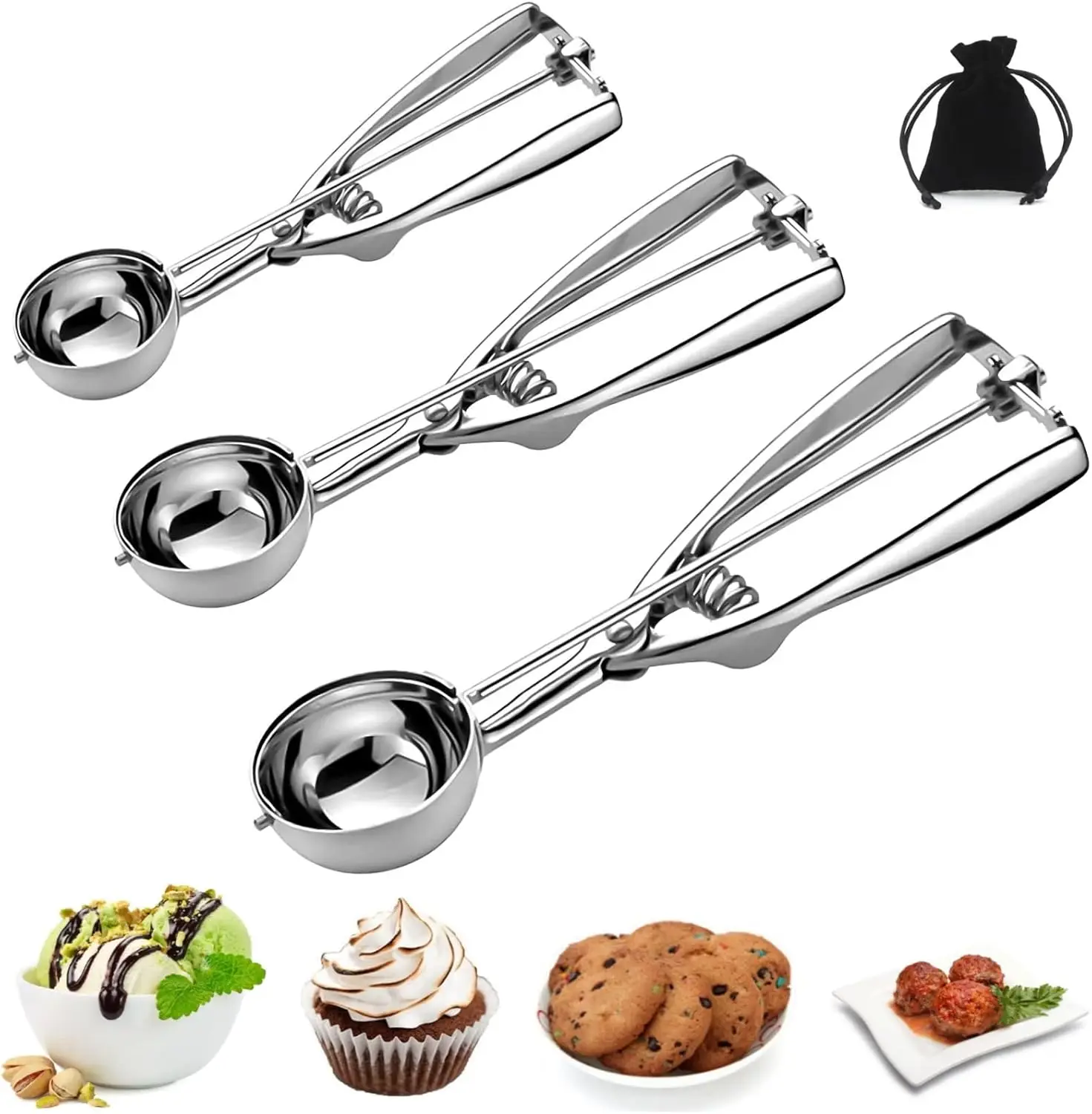 Juego de cucharas para galletas de acero inoxidable de 3 piezas, cuchara para helado con gatillo. Para hornear, masa.