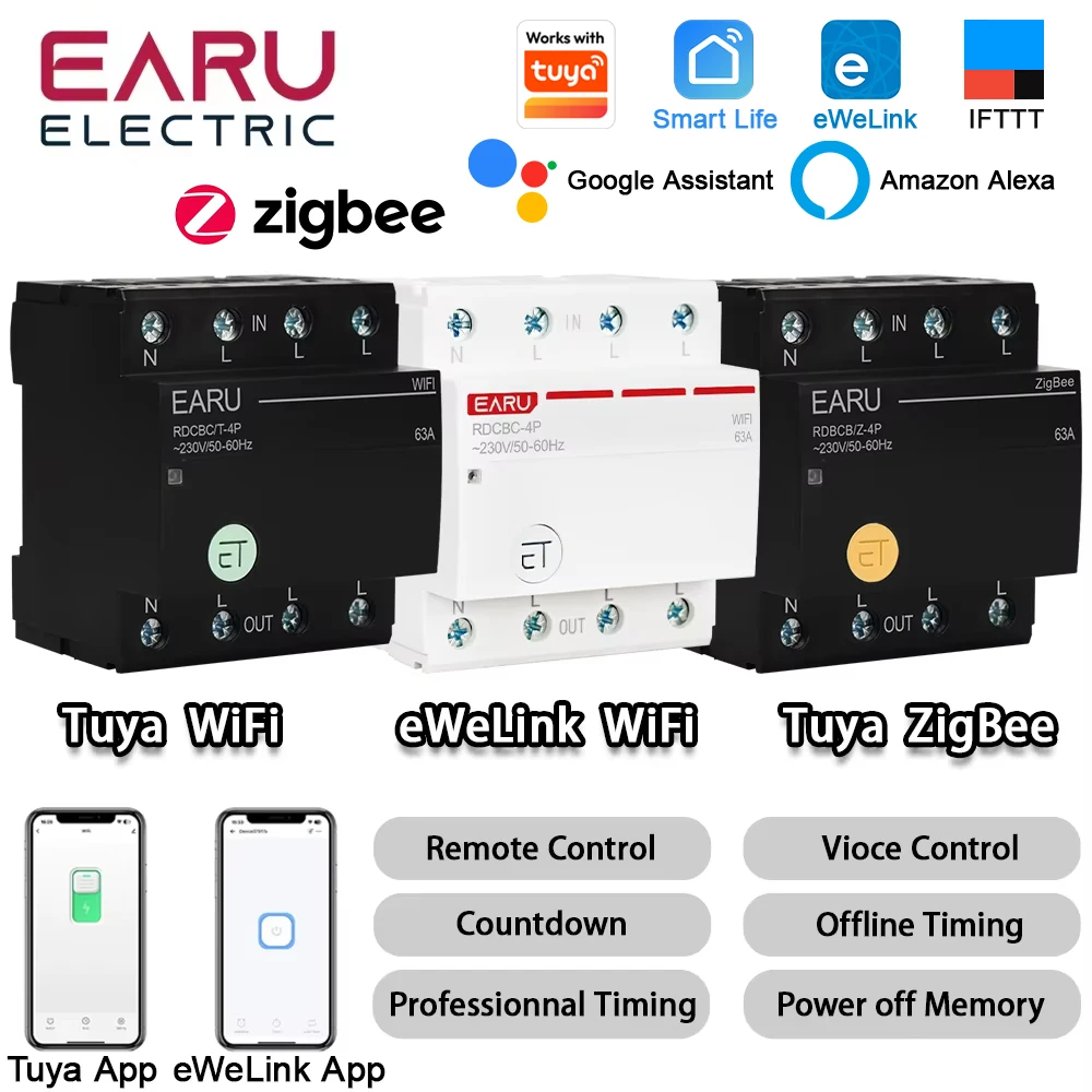 3P+N Tuya eWeLink WiFi ZigBee Smart Circuit Breaker  MCB Timer Relay Switch Voice Remote Control for Alexa Google Home Assistant