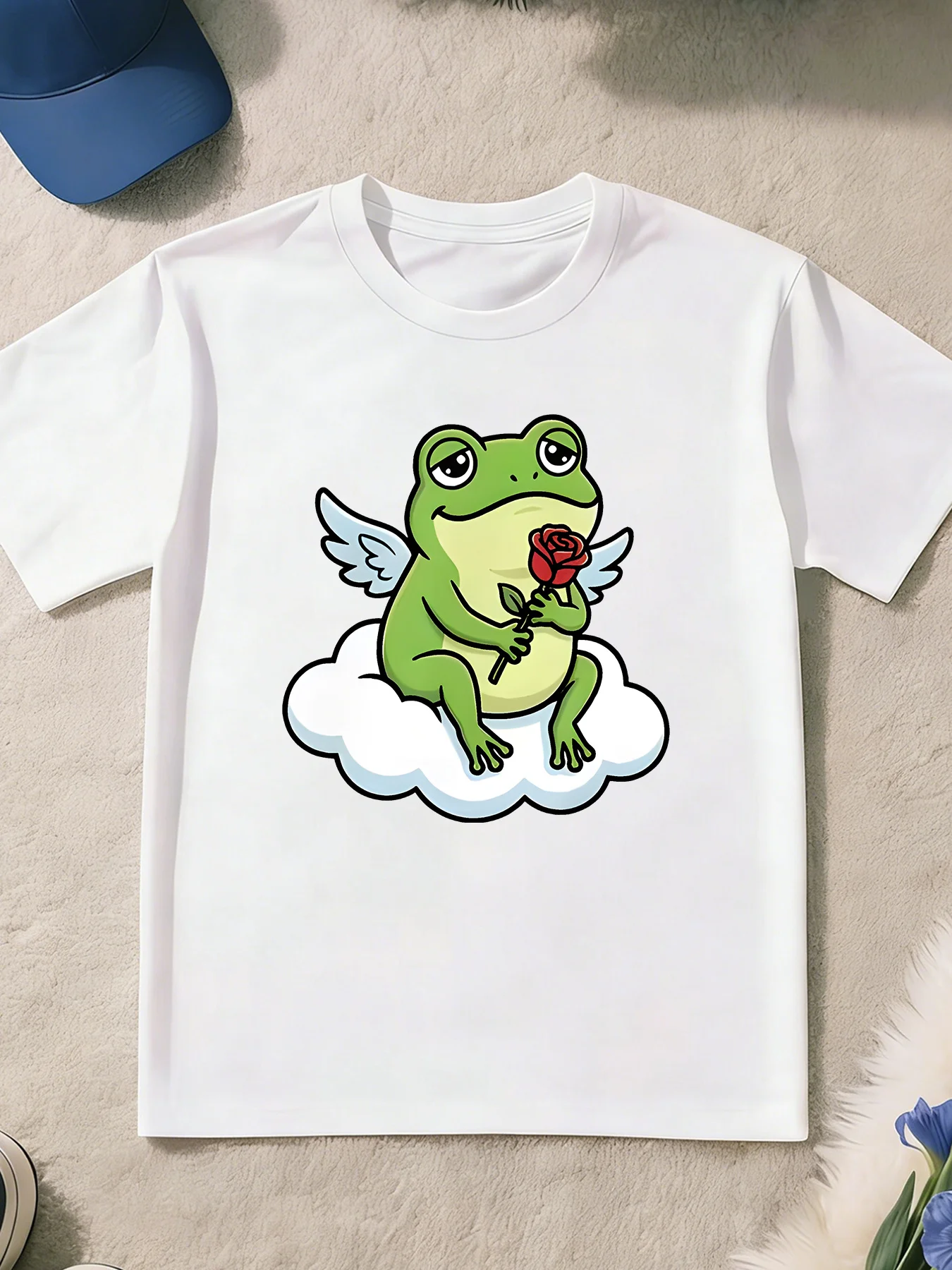 Angel Frog Holding Red Rose On Cloud Cartoon Print T Shirt Boys Girls Cute Short Sleeve Tee Family Matching Kids Cotton Tops