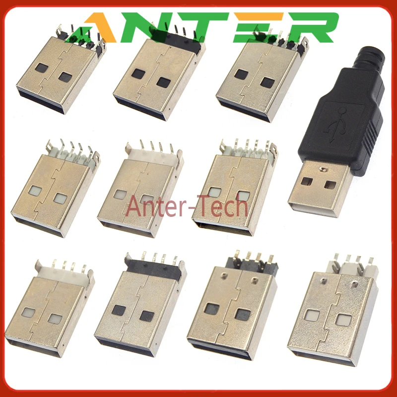10 Conectores USB 2.0 Tipo A Macho AM Sink 2.5 SMT 1.2 DIP para Cable, Soldadura, Blanco y Negro