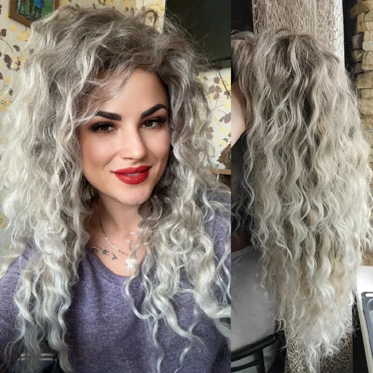 

Long Blonde Curly Ombre Wigs for Women Synthetic Free Part Bangs Wig Natural Blonde Costume Wig Cosplay Fluffy Hair Girl