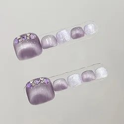 3D Diamond French Tip Handmade Press On Toe Nails Crystal Purple False Toe Nails With Flash Cat's Eye Designs Fake Glitter Nails