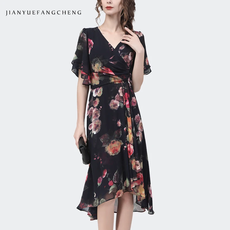 

Fashion Womens Summer Chiffon Floral Dress Short Sleeve V-Neck High Waist A-Line Irregular Swing Mid-Length Casual Party Dresses