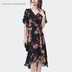 Fashion Womens Summer Chiffon Floral Dress Short Sleeve V-Neck High Waist A-Line Irregular Swing Mid-Length Casual Party Dresses