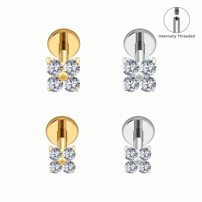 ASTM F136 Titanium Flower CZ Cartilage Earring 16G Four Leaf Helix Tragus Stud Flat Back Labret Piercing Jewelry