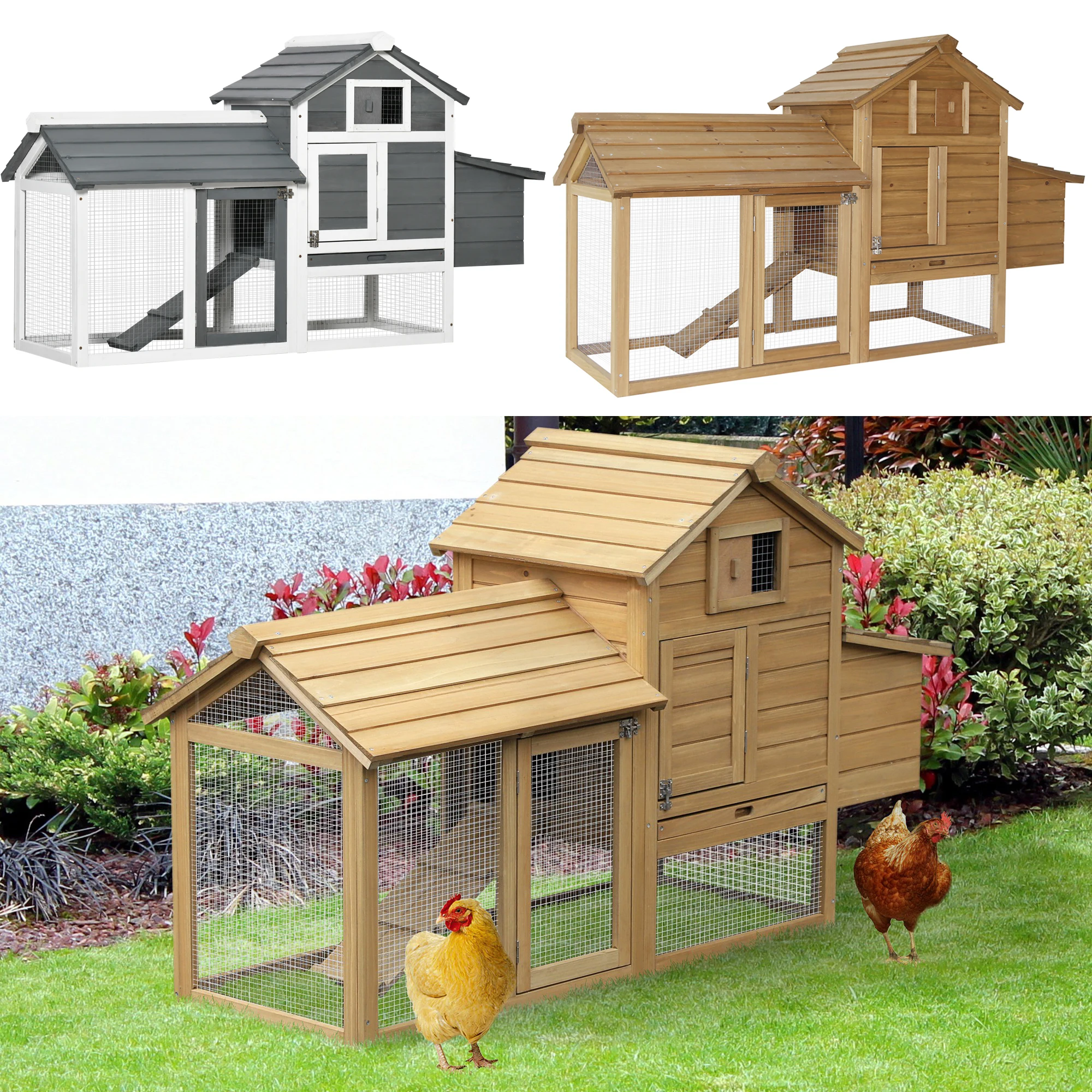 PawHut outdoor wooden chicken coop for 2-3 chicken coop with 2 wire corrals open roof nest box removable tray and ramp 150,5x54x87 cm Gray