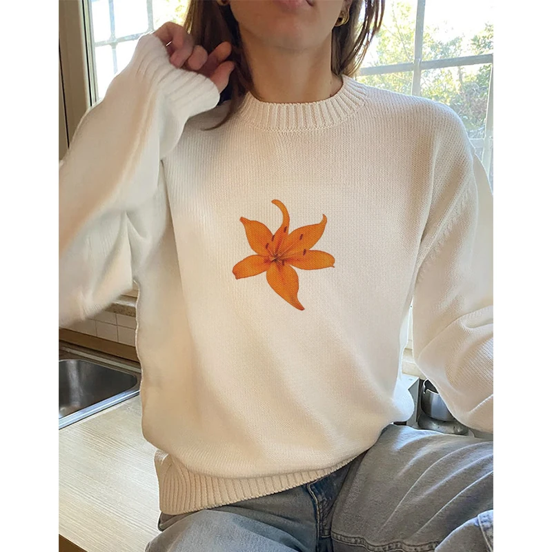 Woman Kawaii Harajuku Knit Sweater Autumn E-girls Loose Y2k Lily Flower Print Pullover Korean Fashion Sweet Spicy Girl Chic Tops