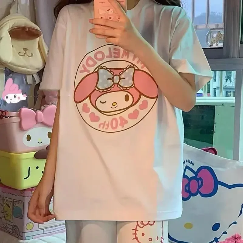 Summer Melody Print Kawaii Cute Girl Pink Short Sleeve T-shirt Loose Preppy Style Oversize Soft Girl Versatile Aesthetic Clothes