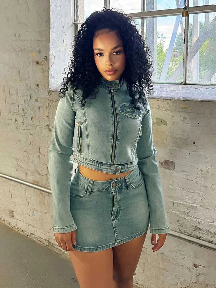 Set Jeans Autumn Two Pieces Women Streetwear Long Sleeve Zip Crop Top and Denim Skirt Set Sexy Outfits Wholesale Dropshipping