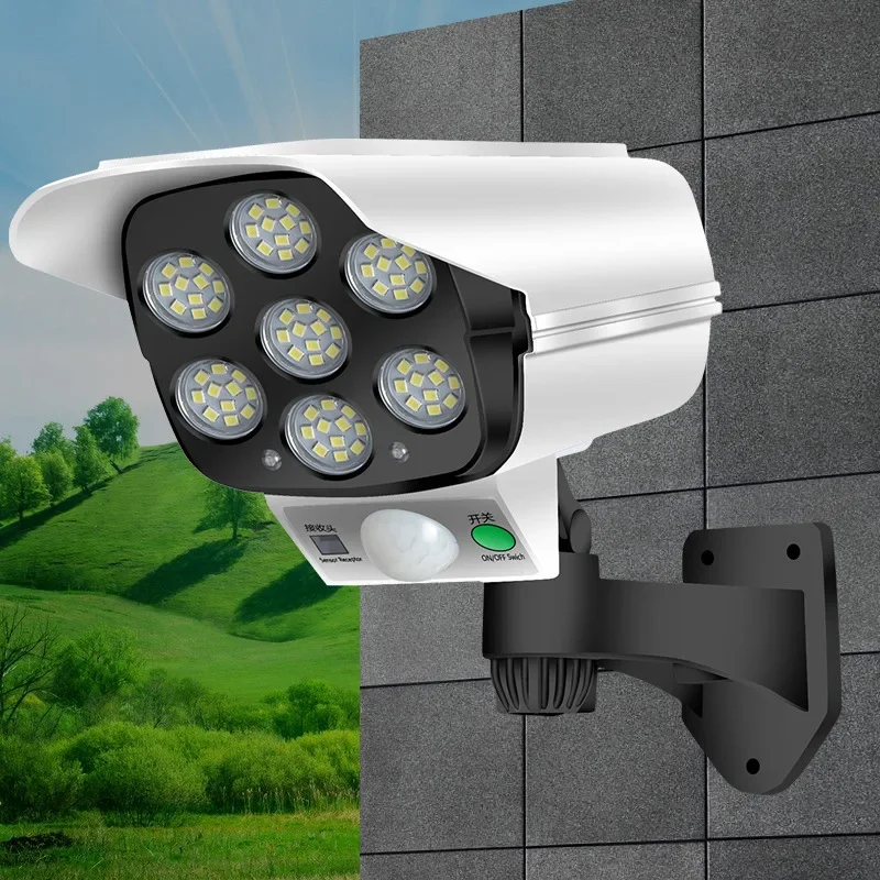 Solar Security Dummy Camera Lamp with Motion Sensor 77 LEDs Waterproof Outdoor 3 Lighting Modes for Home Porch Garden Night Ligh