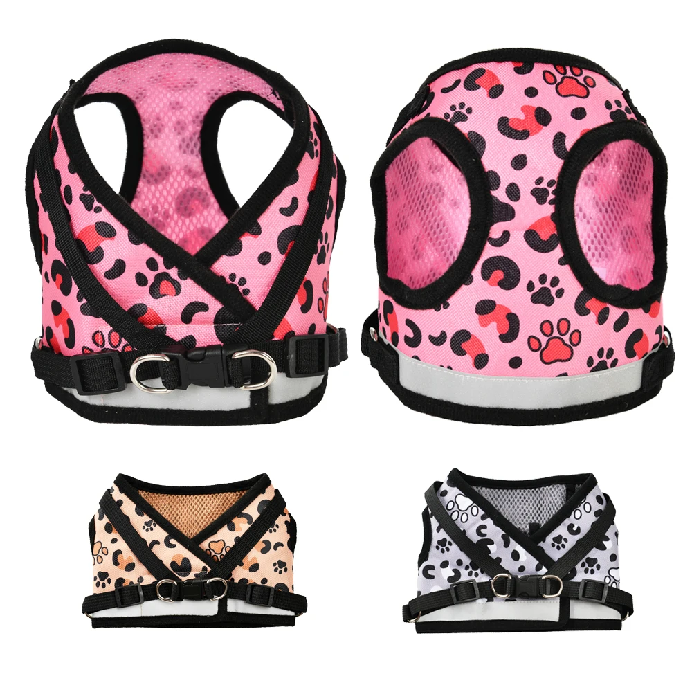 Breathable Dog Harness For Small Medium Dogs Cat Reflective Adjustable Nylon Chest Strap Yorkshire Leopard Print Pet Supplies