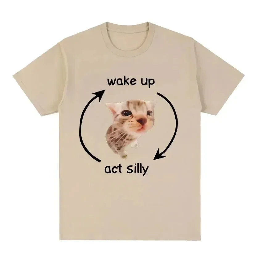 2026 Men Casual Loose T Shirts Wake Up Act Silly Meme Graphic T Shirt Funny Cute Cat Print Short Sleeve T-shirt
