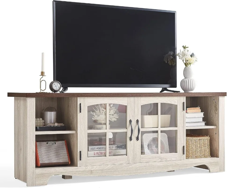 Farmhouse TV Stand for 65 Inch TV, Wood Entertainment Center with Glass Door Storage Cabinet & Adjustable Shelves, La