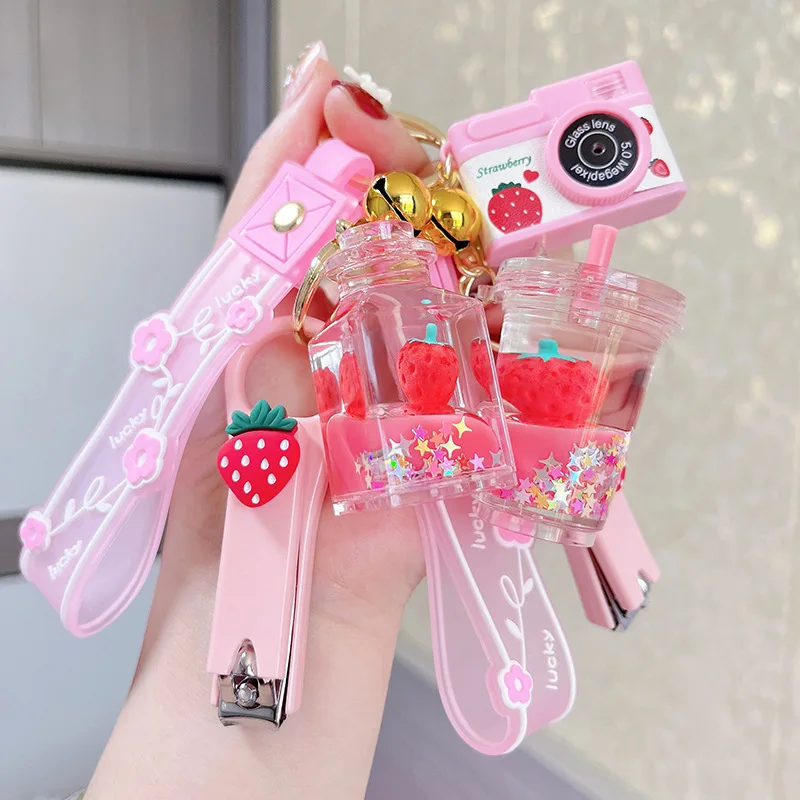 Creative Floating Strawberry Milk Tea Cup Camera Keychain Cute Stars Quicksand Liquid Candy Bottle Nail Clippers Key Chain Gift